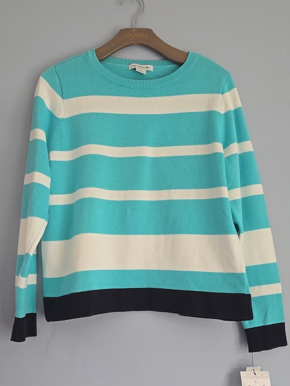 Liz Claiborne Colorblock Stripe Cotton Sweater Blue Curacao Multi L NWT